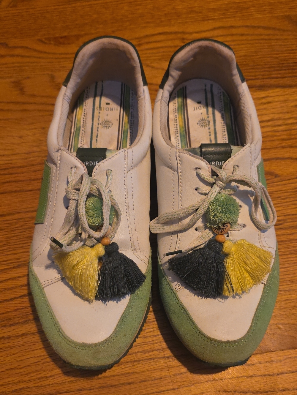 Birdies White Sneakers with Green & Yellow Tassels